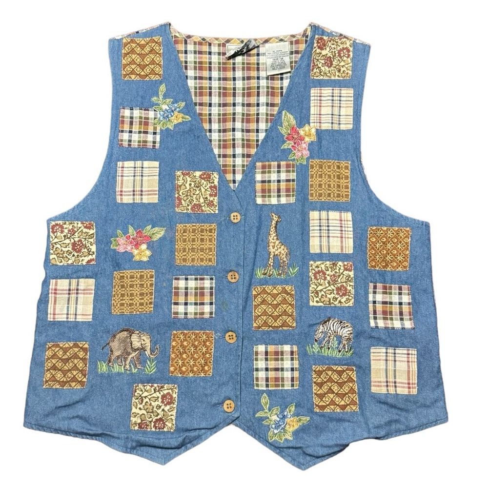 Studio Collection Patchwork Embroidered Animal Mixed Media Vintage Fall Vest - Picture 10 of 13